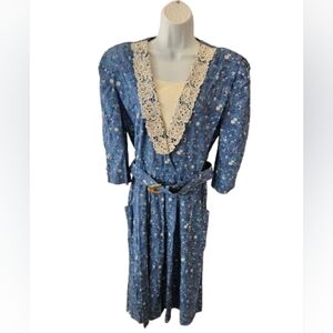 Vintage S.L. Petites NWT Blue Floral Lace Trim Dress Belted Size 16 Petite